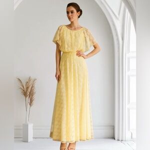 Vintage 1970s Yellow Lace Maxi Dress | Boho Cottagecore | ILGWU Union Made USA